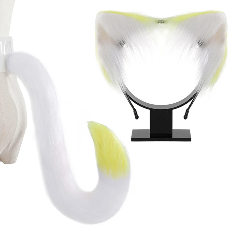 Anime-Cosplay Props Cat Ears and Tail Set Plush Furry Animal Ears Hairhoop with Foxes Tail Fancy-Dress Party Costumes HXBA