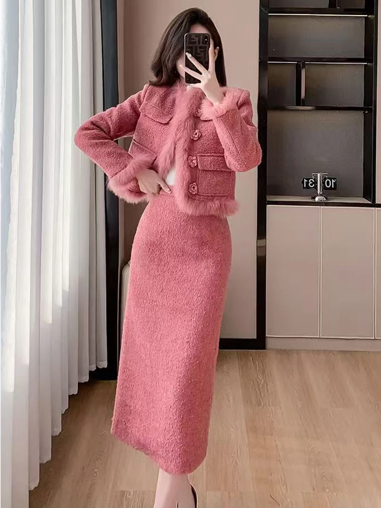 Two Piece Long Fur Skirt Dress Women Single Breasted Woolen Jacket Coat Sheath Dress for Women Elegant Formal 2pc Work Dress