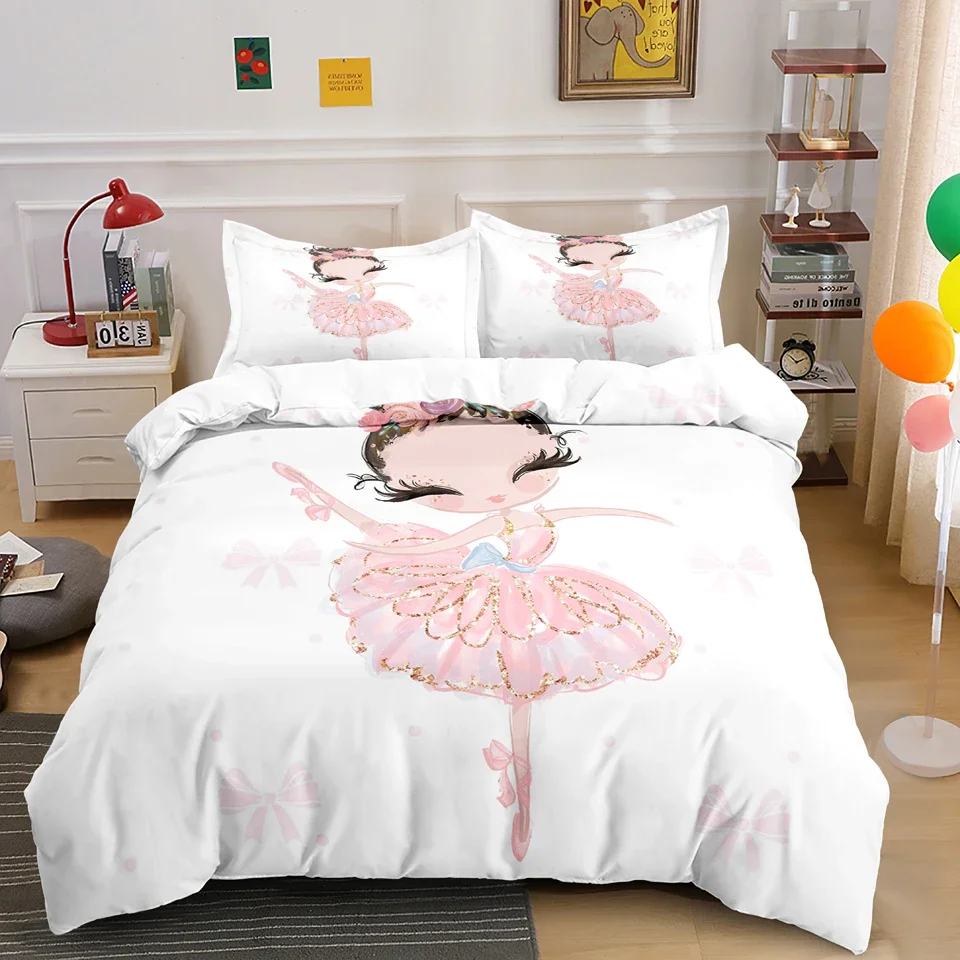 Ballet Dancer Girl Duvet Cover Set White Princess Bedding Set Cute Cartoon Bedclothes Queen King Size Polyester Comforter Cover