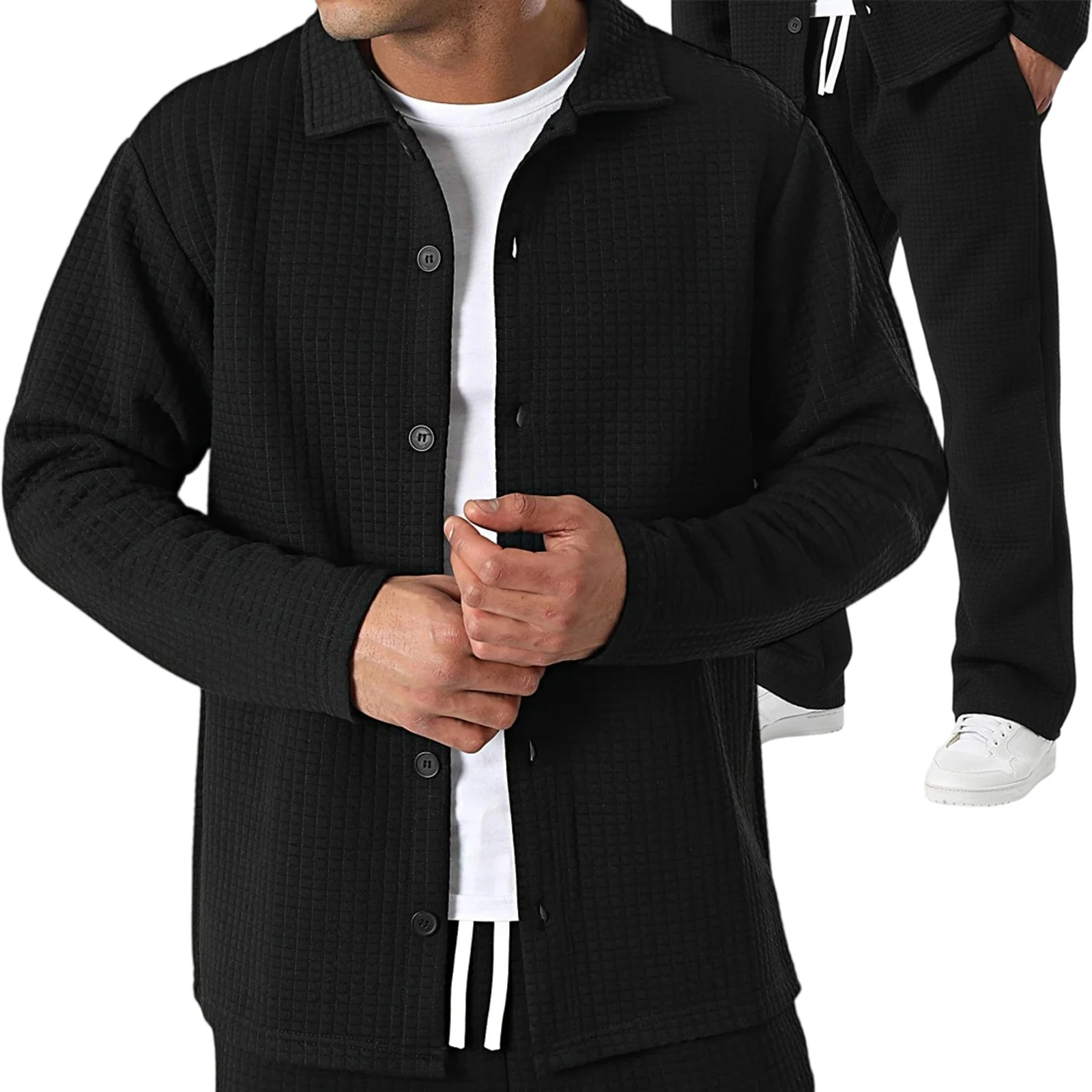 

Cardigan Button Sports Suit Thickened Warm Running Loose Fitness Outfit Men'S Autumn Winter Lapel Plaid Glass Texture Sets