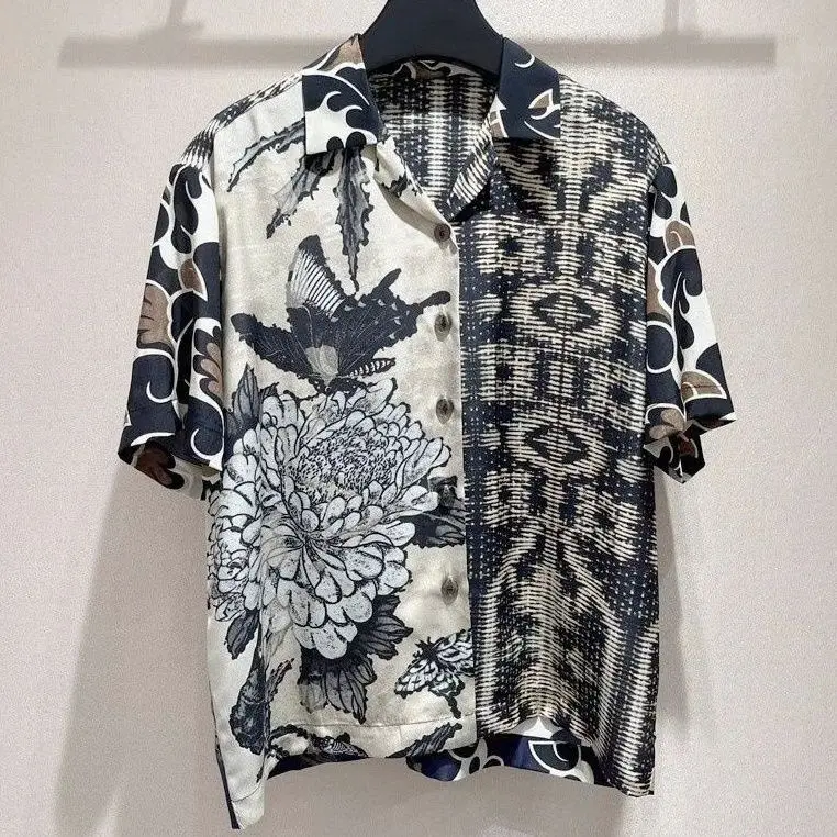 Spring and Summer Retro Fashion Print Trend Casual Loose Cut Piece Splicing Shirt Short Sleeve Button Cardigan