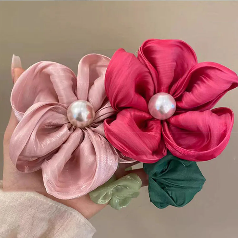 Silk Colored Flowers Elastic Rubber Fashion Pearl Hair Ties Scrunchies Bands Ponytail Holder Sweet Head Ropes Hair Accessories