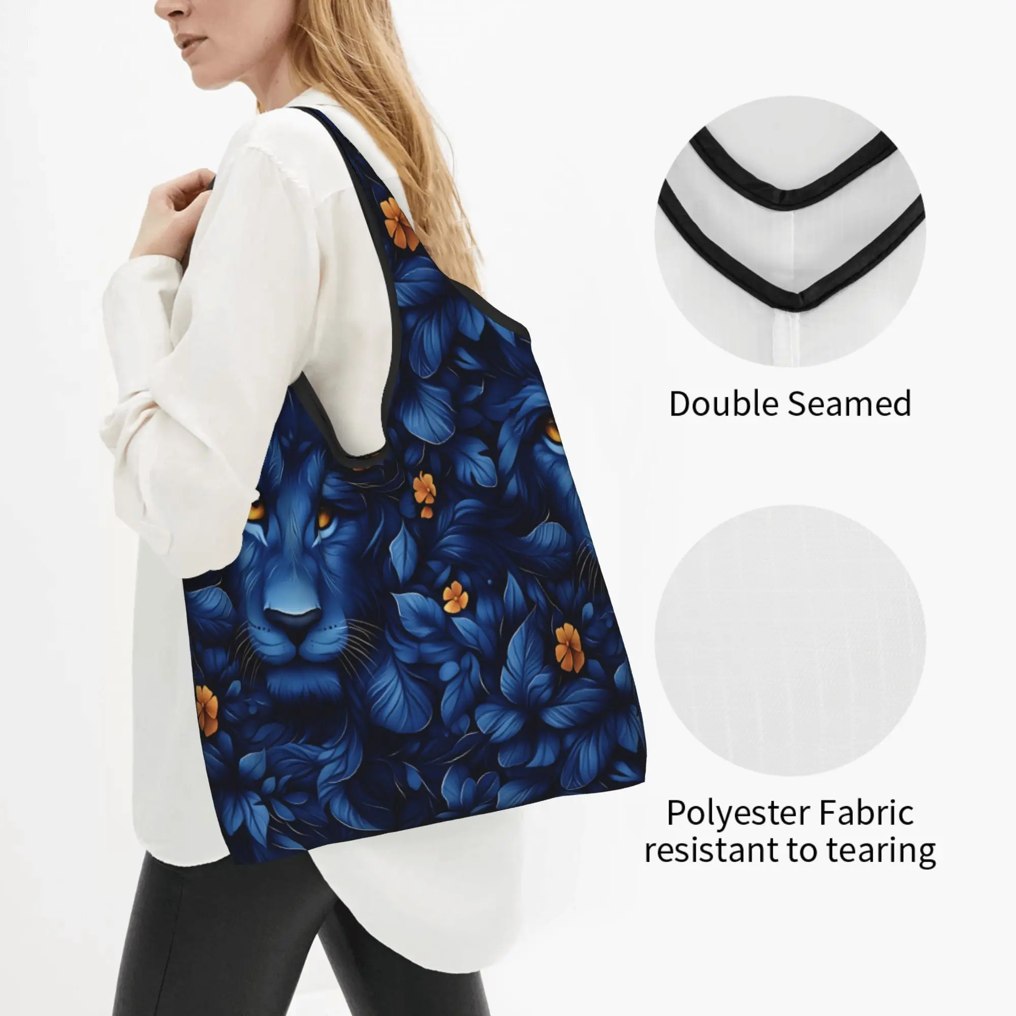Blue Wildlife African Lion Botanical  Groceries Shopping Bag Cute Shopper Tote Shoulder Bags Portable With Orange Gold Handbag