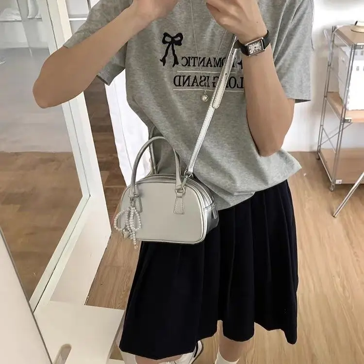 Korean Mini Women\'s Bags 2024 Summer New PU Leather Silver Bowling Shoulder Crossbody Bags Fashion Girls Purse and Handbags