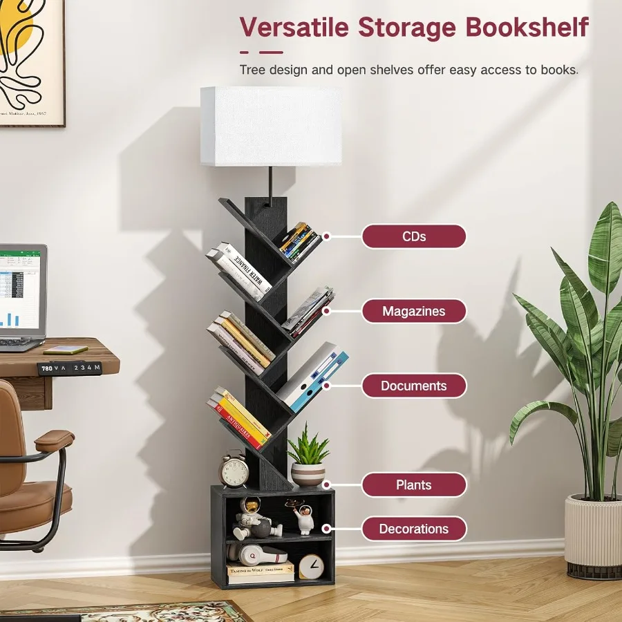 Libreria ad albero a 9 livelli con luce integrata, funzione timer telecomando e armadio portaoggetti nascosto, pavimento alto moderno dimmerabile