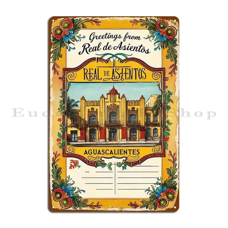 Placa Metálica Vintage de Aguascalientes, México, Ciudad Mágica, con Diseño de Tarjeta Postal de Real De Asientos, para Decoración de Pub y Garaje