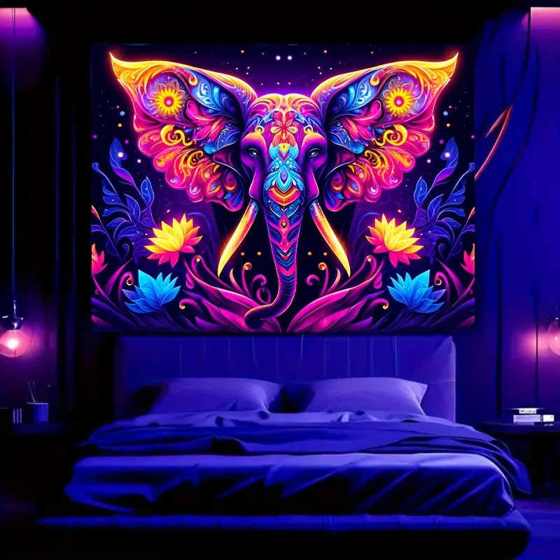 Neon Colorful Mandala Elephant Tapestry, Psychedelic Floral Lotus Elephant Wall Hanging, Blacklight UV Reactive Glowing Bohemian