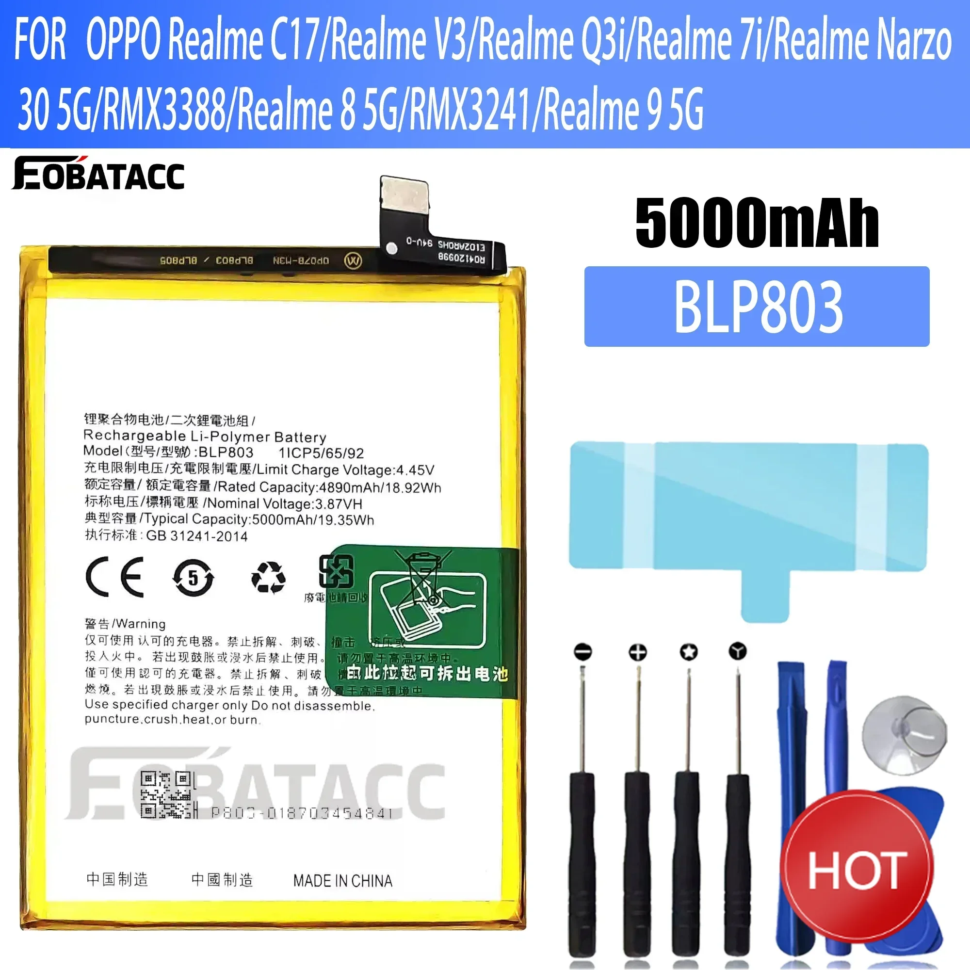 100% New Original Battery BLP803 For OPPO  Realme C17/Realme V3/Realme Q3i/Realme 7i/Realme Narzo 30 5GBattery + Free Tools