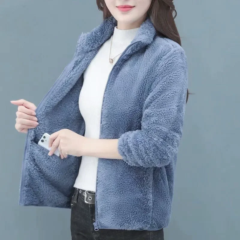 Thickened Fleece Women's Jacket Zipper Front Warm Stand Collar Double Sided Fluffy Hoodie Sweatshirt Fashionable Winter Outerwea