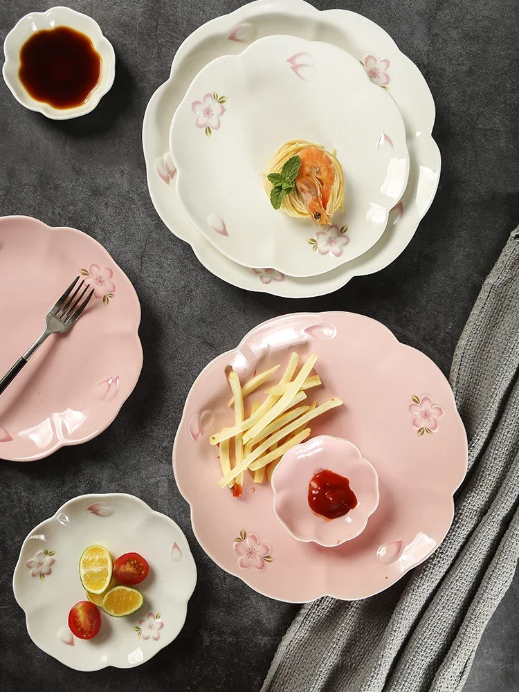 Japanese-style relief cherry blossom plate, milk white household vegetable plate, afternoon tea  retro pink