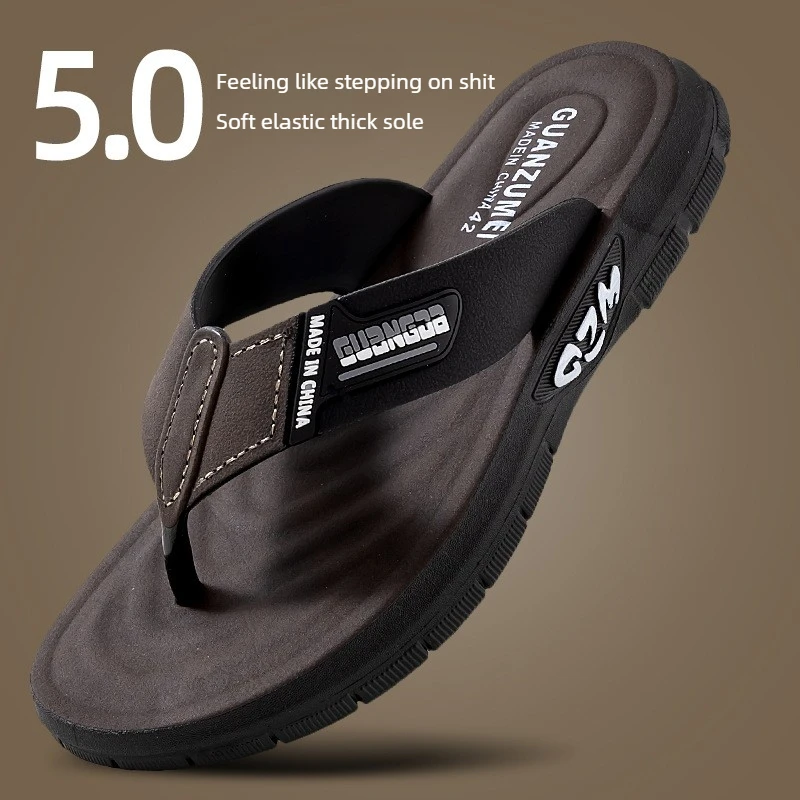 Mens Leather Flip Flops Summer New Arrival Non Slip Thick Soft Sole Wear Resistant Casual Sandals For Home Outdoor Beach