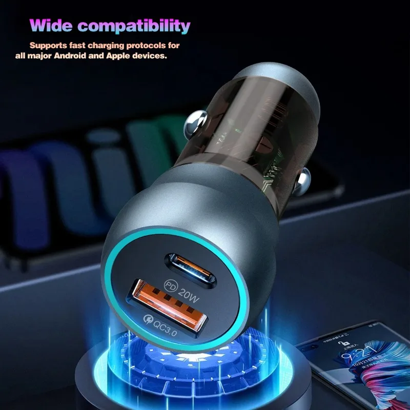 38W 2 Port Mini Car Charger with Super PD20W QC3.0 Fast Charging USB car Cigarette Lighter Adapter Transparent Design for phones