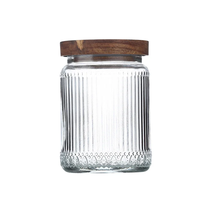 Glass Storage Jar with Wooden Lid Candy Dried Fruit Coffee Bean Medicinal Herb Storage Jar Sealed Household Striped Glass Bottle