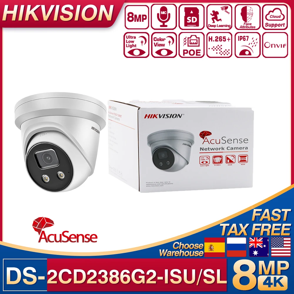 

Original Hikvision 4K 8MP POE AcuSense IP Camera DS-2CD2386G2-ISU/SL Strobe Light Audible Warning Fixed Turret Network Camera