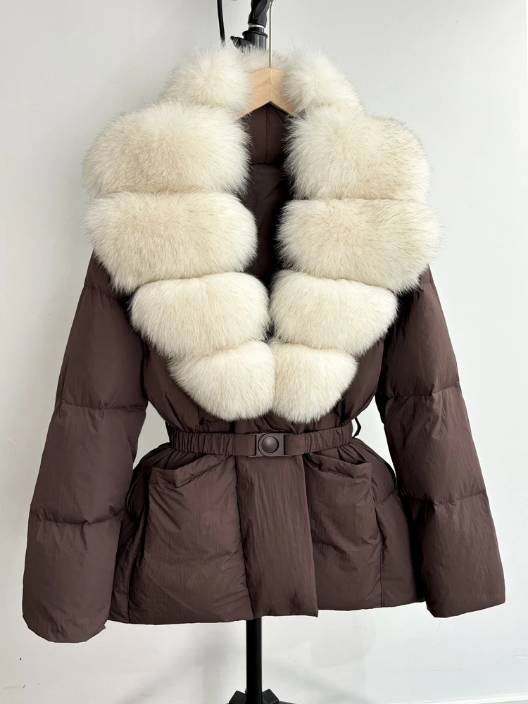 Lagabogy 2025 Large Real Fox Fur Winter Belt Waist-Tight Elegant Warm 90% White Duck Down Jacket Female V-neck Loose Puffer Coat