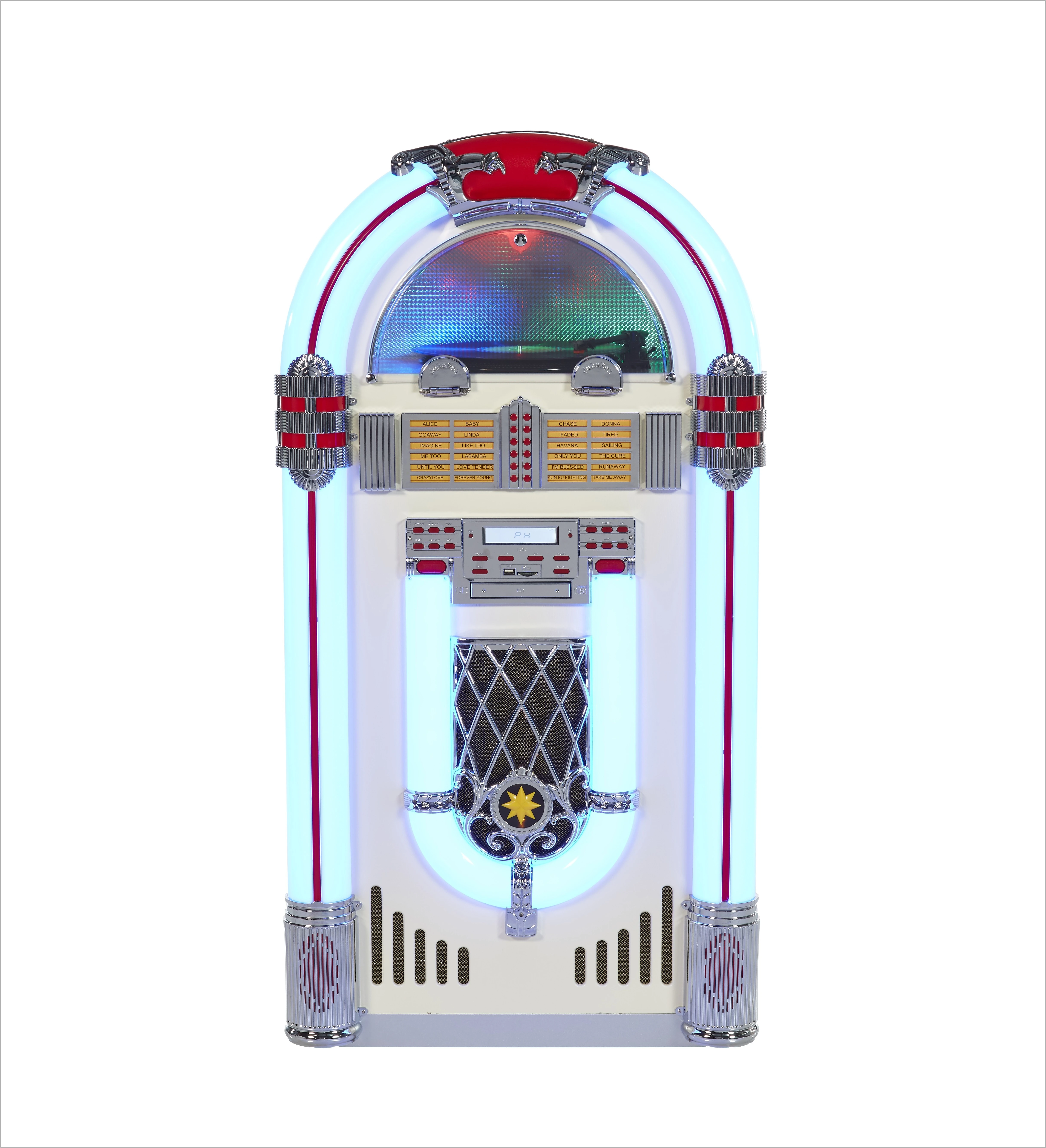 Full-size White Cabinet Multi-function Digital Retro Jukebox with Colorful Lights CD & Vinyl Record Player BT Remote Control