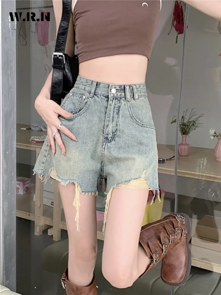 

Harajuku Korean Y2K High Waist Street Fashion Tassels Shorts 2024 Summer Women's Sexy Ripped Hotsweet Slim Fit Denim Shorts