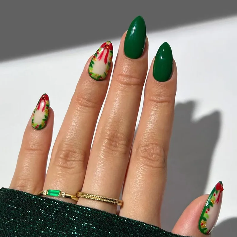 

24Pcs Short Almond Press on Nails - Christmas Party Design with Red Bow, Gold Glitter Foil on Solid Emerald Green