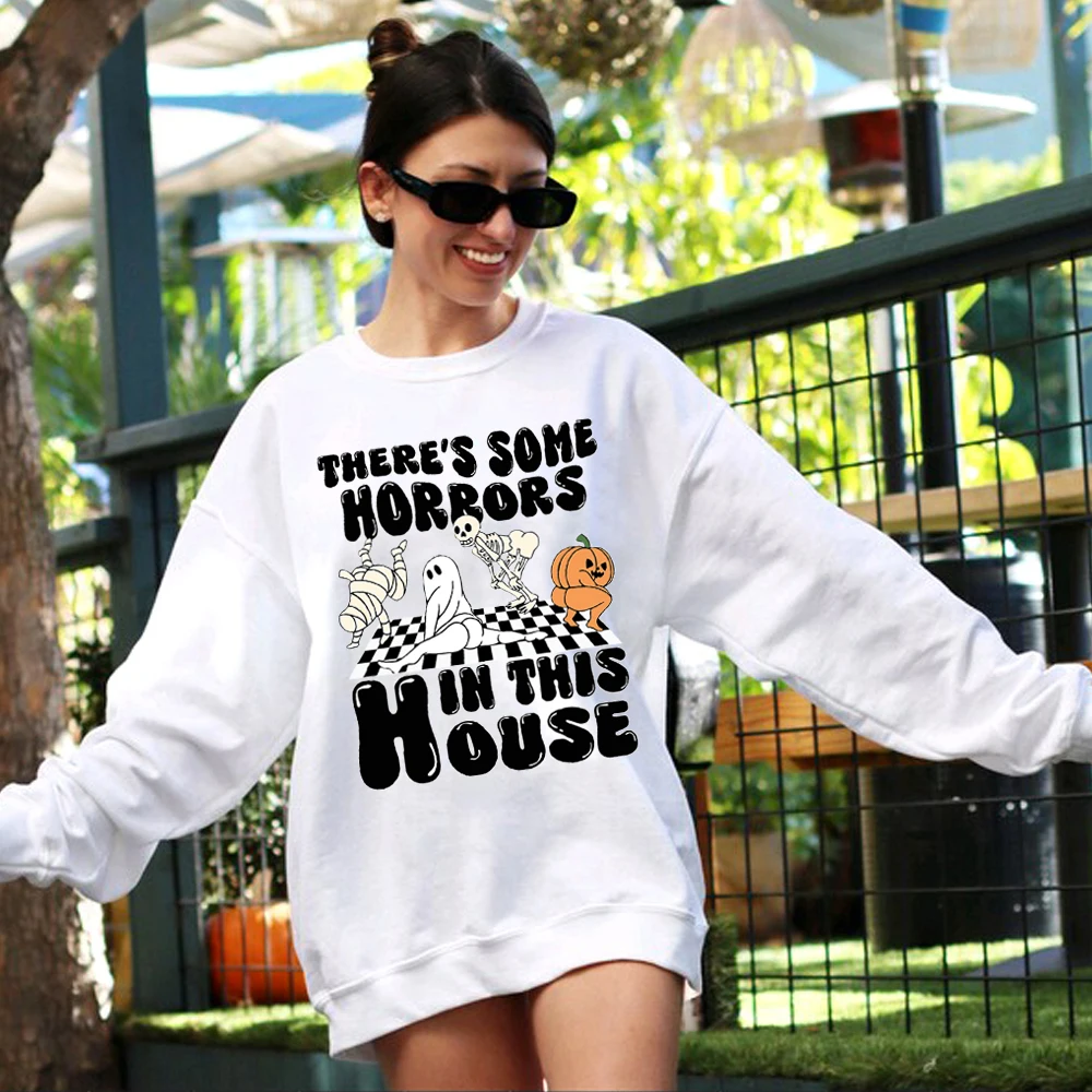 

There's Some Horrors In This House Oversized Sweatshirt Funny Halloween Crewneck Hoodie Spooky Pullover Tops Crewneck Hoodie