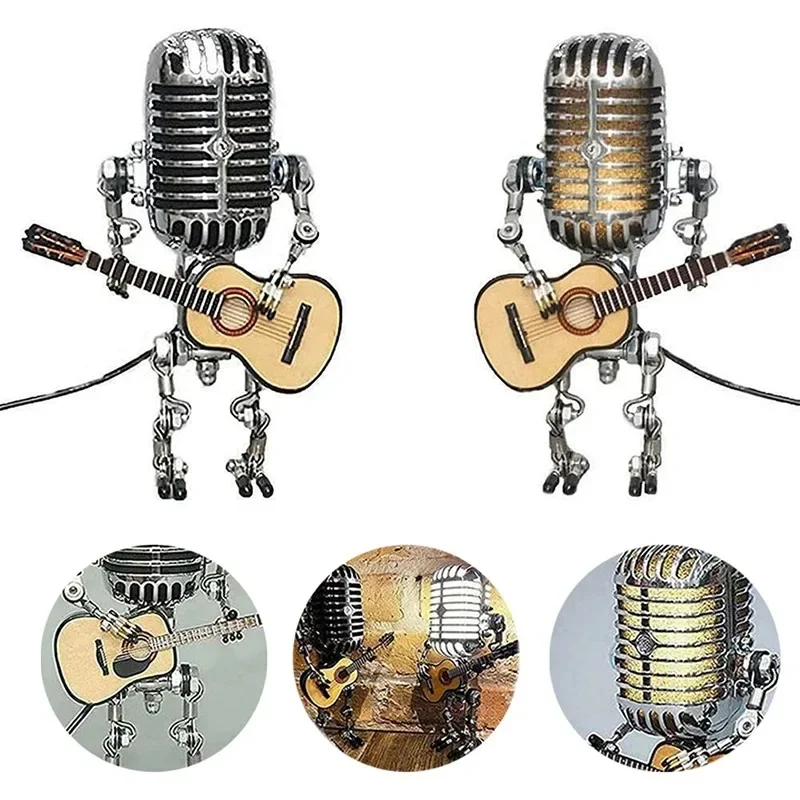 Hot Sale Vintage Microphone Robot Lamp Play Guitar Desk LED Lamp Light Vintage Miniatures Crafts Lighting Office Home Decoration