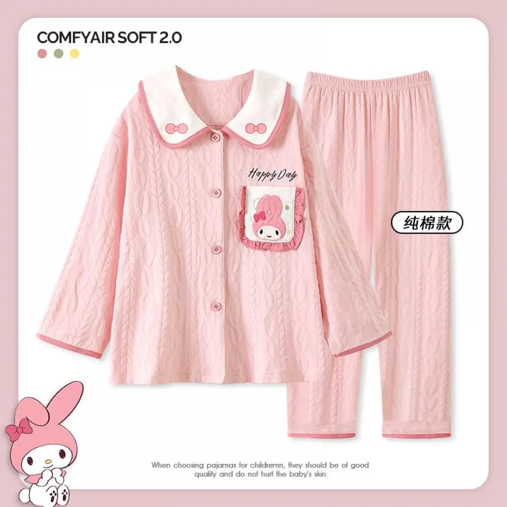 Cute 2Pcs Anime Kuromi Melody Cinnamoroll Parent-Child Pajamas Spring Autumn Kawaii Girl Kid Doll Collar Cardigan Pants Homewear