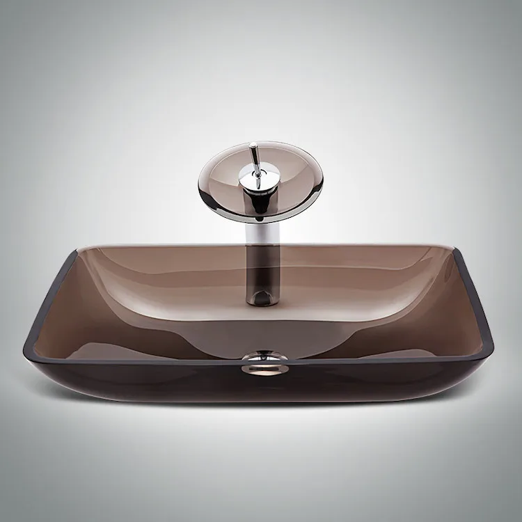 

Bathroom square tempered glass counter basin modern simple wash basin household transparent gray art basin brown