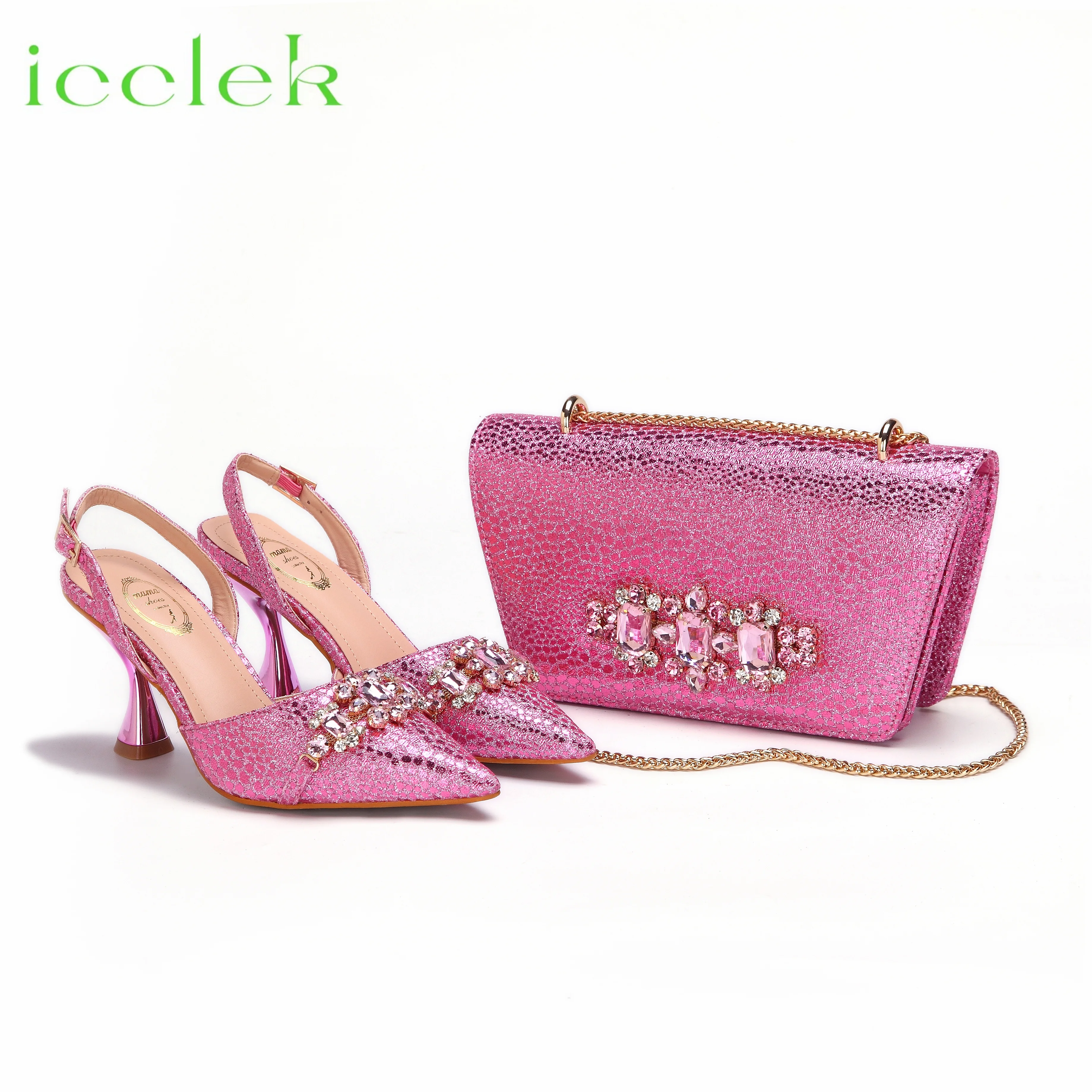 Scarpe con tacco alto per donna moda ricamo strass Design italiano colore rosa scarpe a punta e borse Set