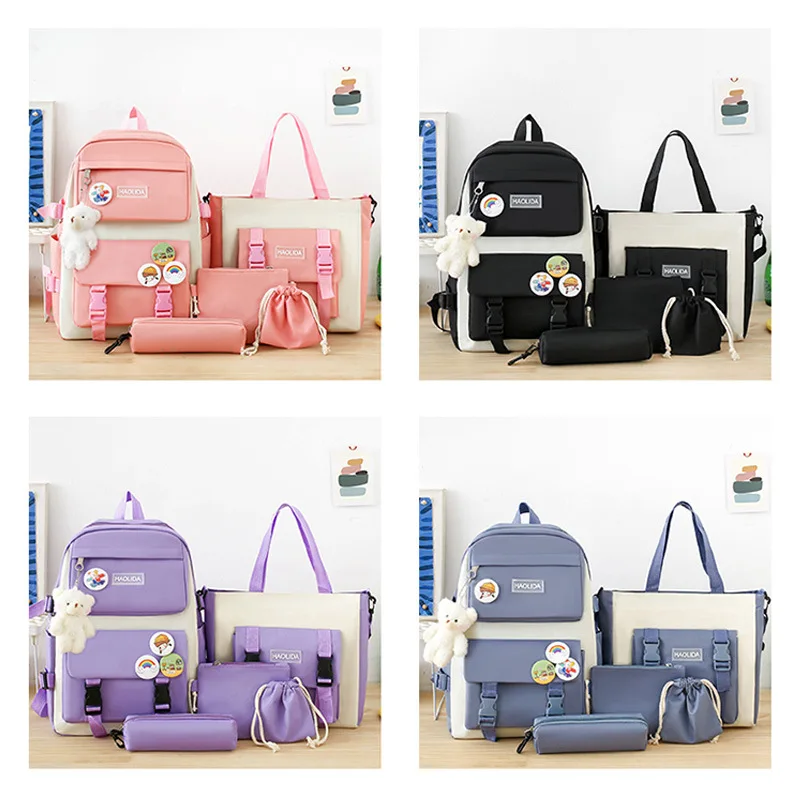 Student Backpack  Campus Style Casual Double Shoulder Travel Computer Bag Lightweight Four Piece Set Korean Version