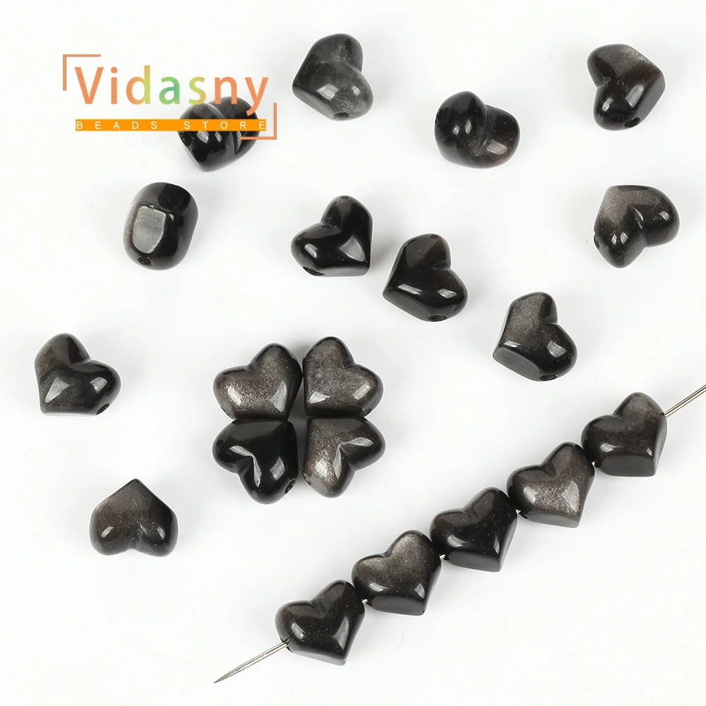 5 Stück Naturstein Silberner Obsidian Pfirsichherz-Form Lose Abstandsperlen für Schmuckherstellung DIY Armband Halskette Ohrringe – Detail 3