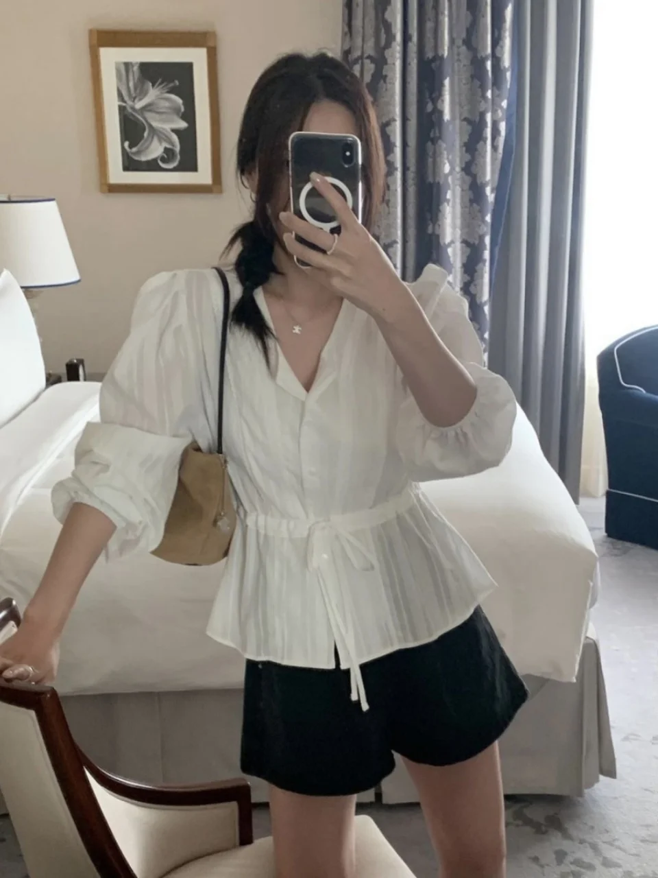 

Lace Trim Bubble Sve irt Women Loose Dstring Waist Slimming Fre Sle Age Reduction Top Trendy Cotton Long Sve