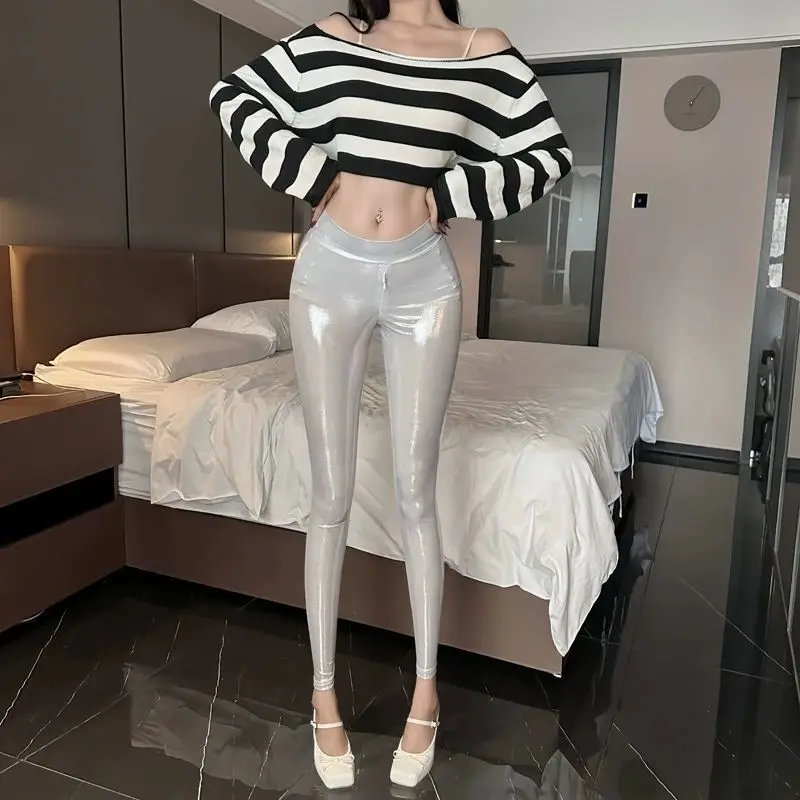Zipper crotch glossy silver see through leggings High waist women tight sexy skinny workout pants