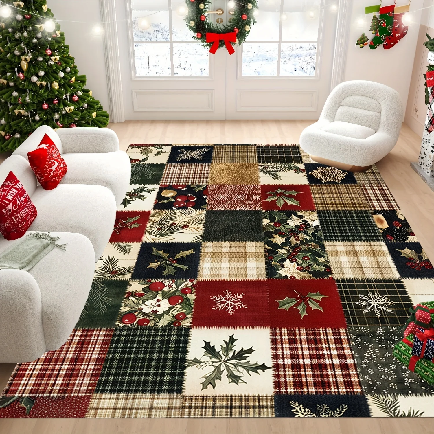 VIKAMA Christmas Patchwork Area Rug,Non‑Slip Mat,Holly Berry Snowflake Plaid Check Carpet Living Room Xmas Holiday Home Decor