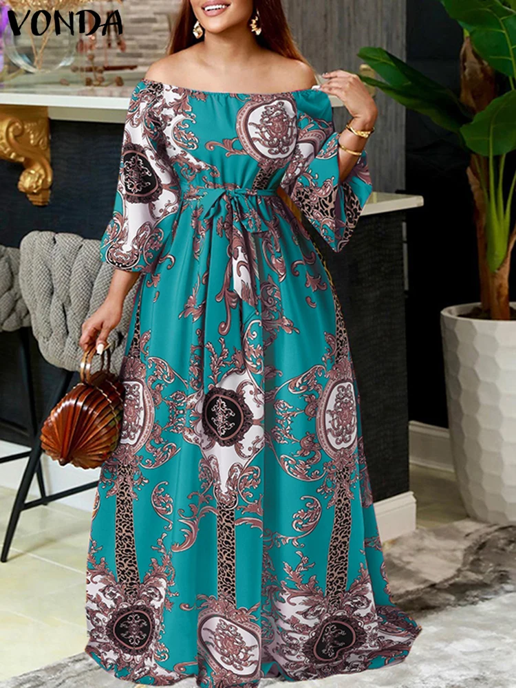 

Plus Size 5XL VONDA 2025 Women Bohemian Printed Maxi Dress Sexy Off Shoulder Long Lantern Sleeve Sundress Vintage Robe Belted