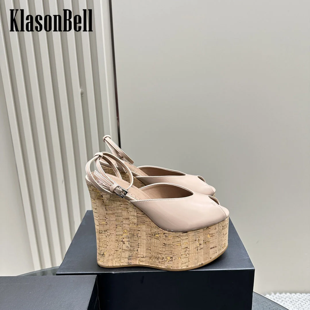 7.22 KlasonBell Europe America Fashion High Heel Women Sandals Patent Leather Sexy Peep Toe Wedges Sandals 2024 Summer New