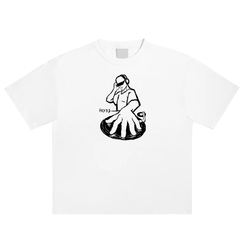 Vintage Hand Drawn DJ Print T-shirt Hip Hop Streetwear Loose Short Sleeve Tee Summer Electronic Music Loose Cotton Casual Tops