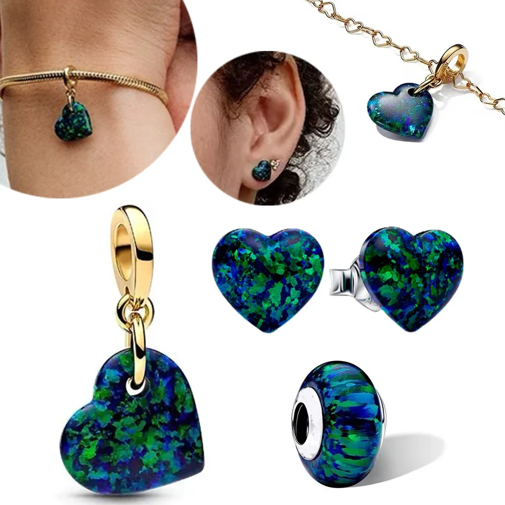 Sterling 925 Silver Beads Blue Green Illusion Heart Series Charm Fit Women's Bracelet Necklace Earrings Diy Jewelry Gift view 2