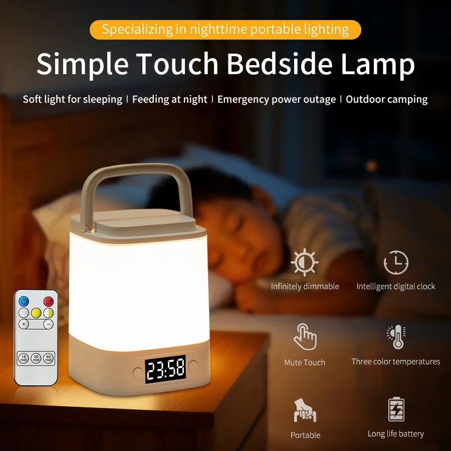 

Touch Switch LED Desk Lamp Clock Time Display Rechargeable 1200mAh Battery 3 Colors Night Light Remote for Bedroom Bedside Decor