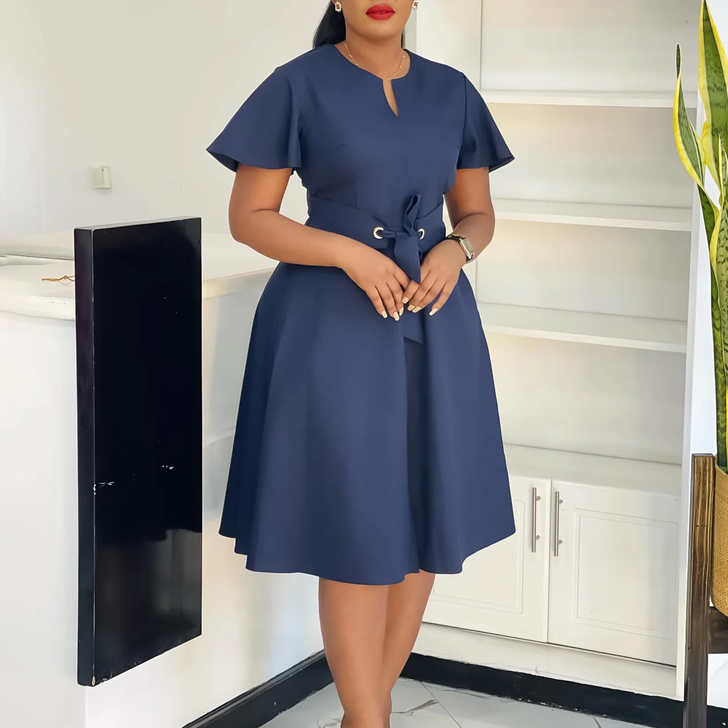 

D574 Women's 2025 Summer Fashion Temperament Solid Color Strap Short Sleeved Plus Size Dress Summer Dress Robe Vestido Women