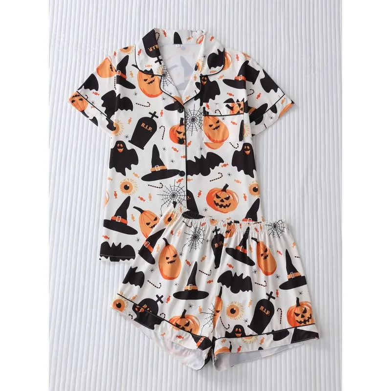 2026 New Halloween Pumpkin Ghost Witch Hat Print Women's Pajama Set - Fun, Unique, Comfortable Home Wear Set