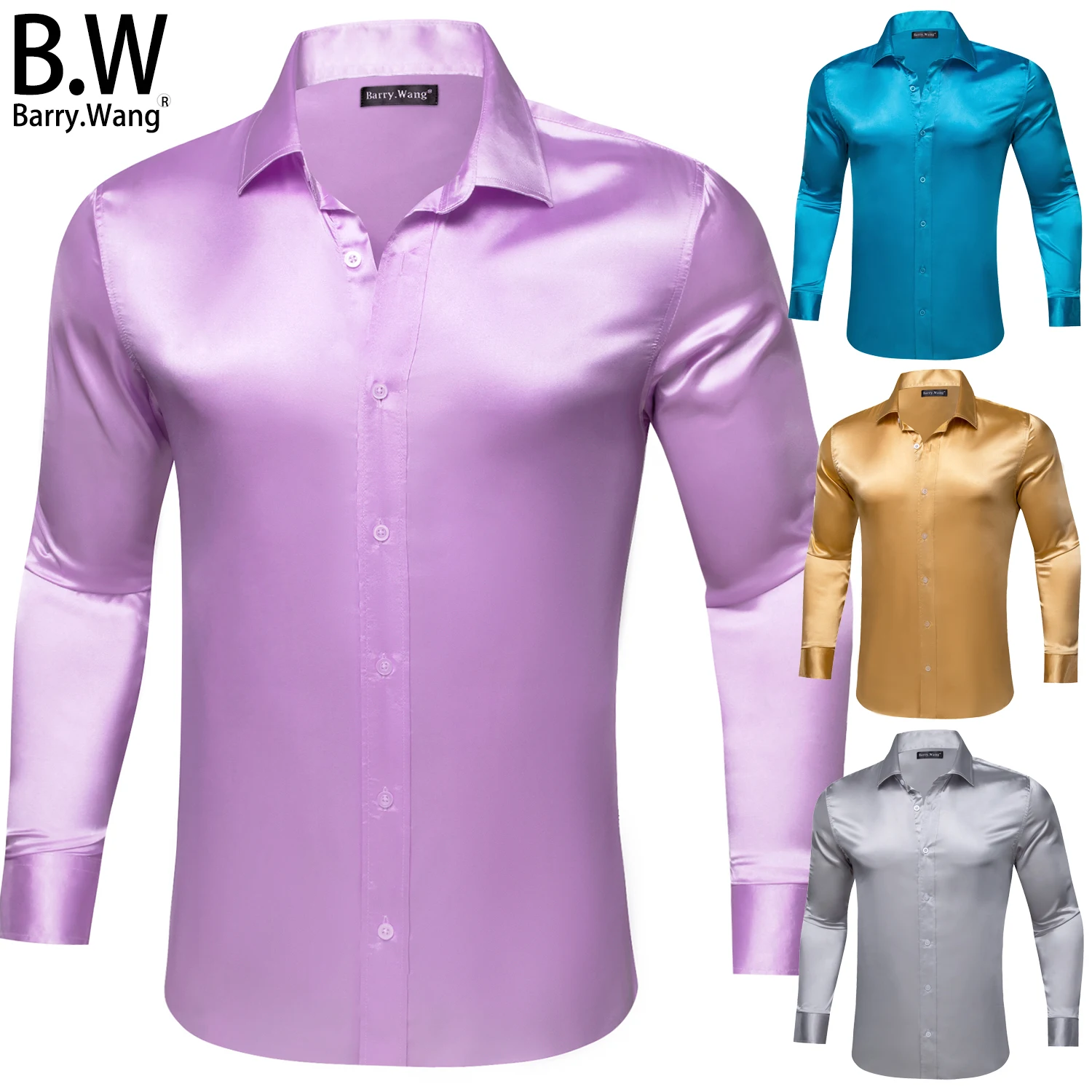 

Luxury Silk Satin Mens Shirts Jacquard Solid Long Sleeve Formal Smooth Plain Male Blouses Stylish Wedding Business Barry.Wang