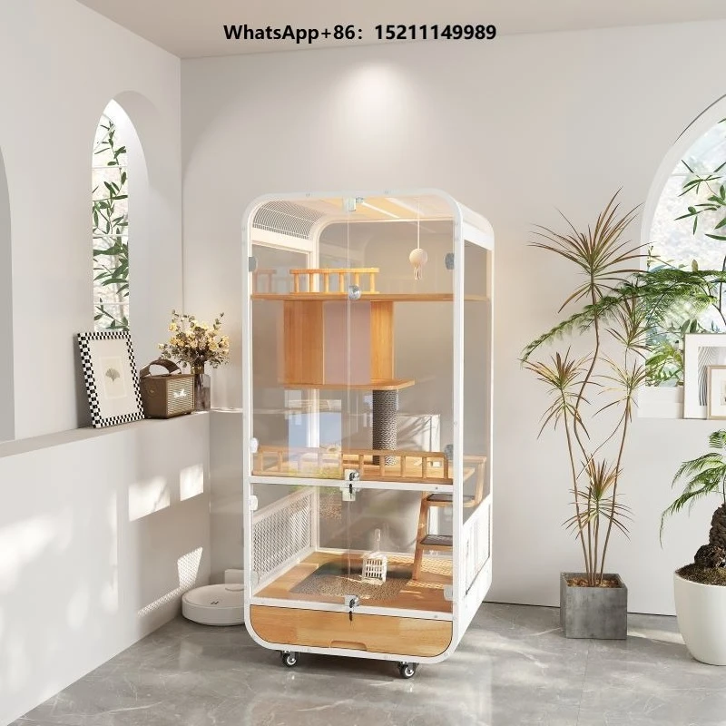 Modern Luxury Eco-Friendly Fashion Cat Villa Steel Structure Universal Wheels Solid Wood Pet House Snap Button Sunny