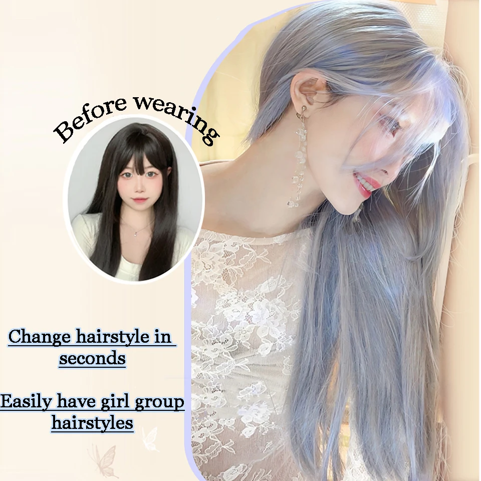 Long Silky Straight Synthetic Wigs With Bangs Gray Mist Blue Cosplay Party Lolita Hair Wigs for Women Natural Heat Resistant Wig