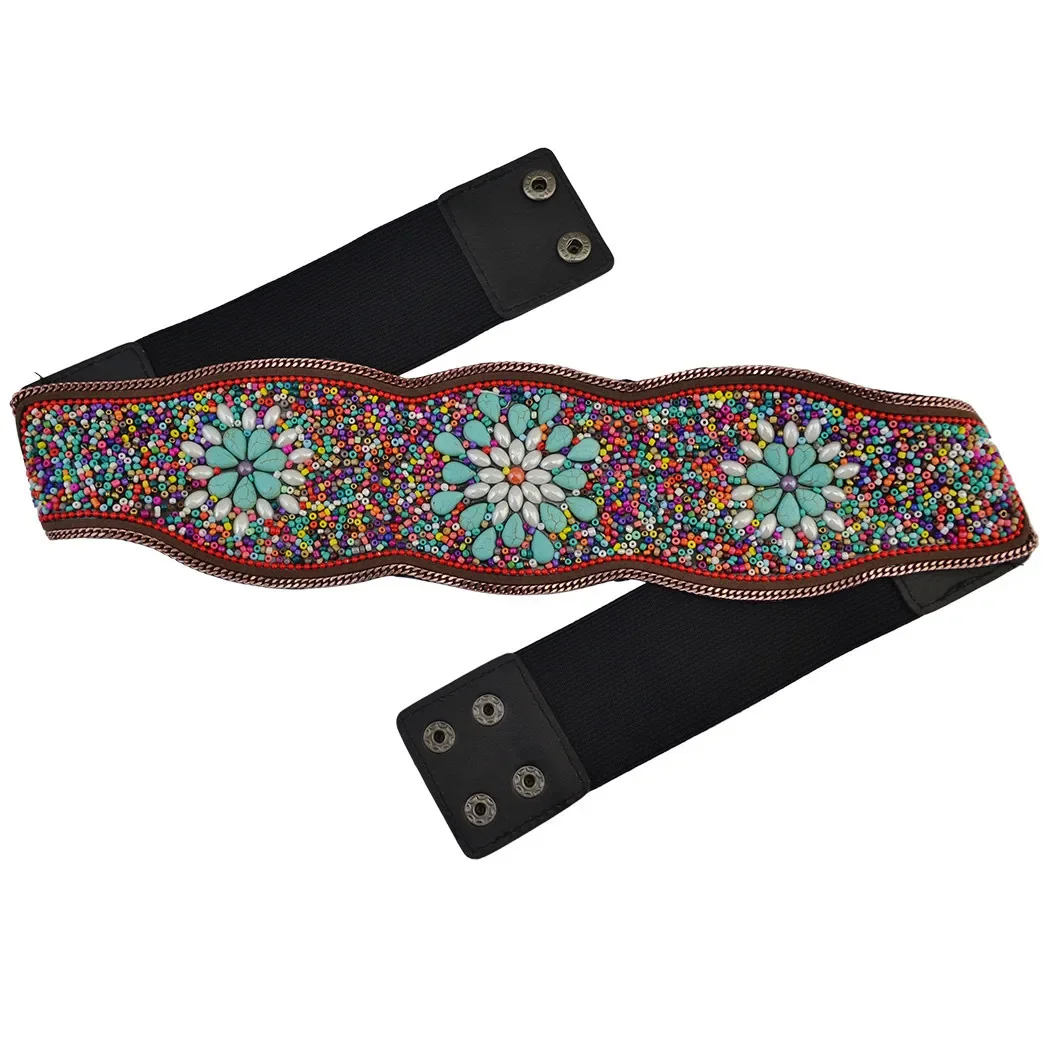 

New Beads Elastic Waist Seal Women's Fashion Casual Dress Coat Decorative Bohemian Ethnic Wide Belt Corset for Women