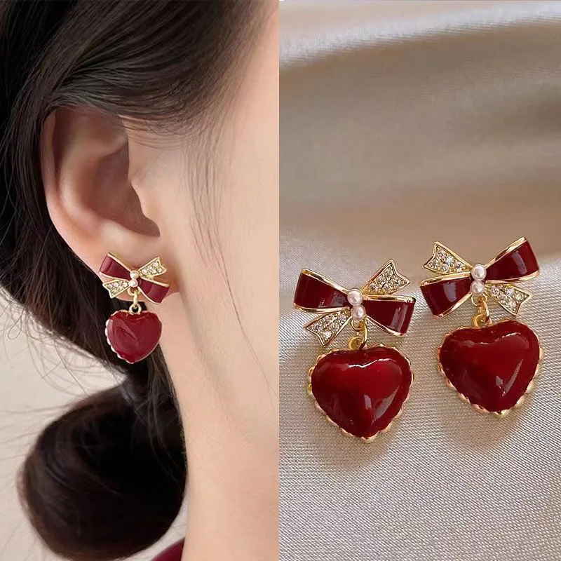 2024 Fashion New Style Temperament Earrings Wine Red Bow Knot Peach Heart Zircon Pearl Earrings Versatile And Exquisite Earrings