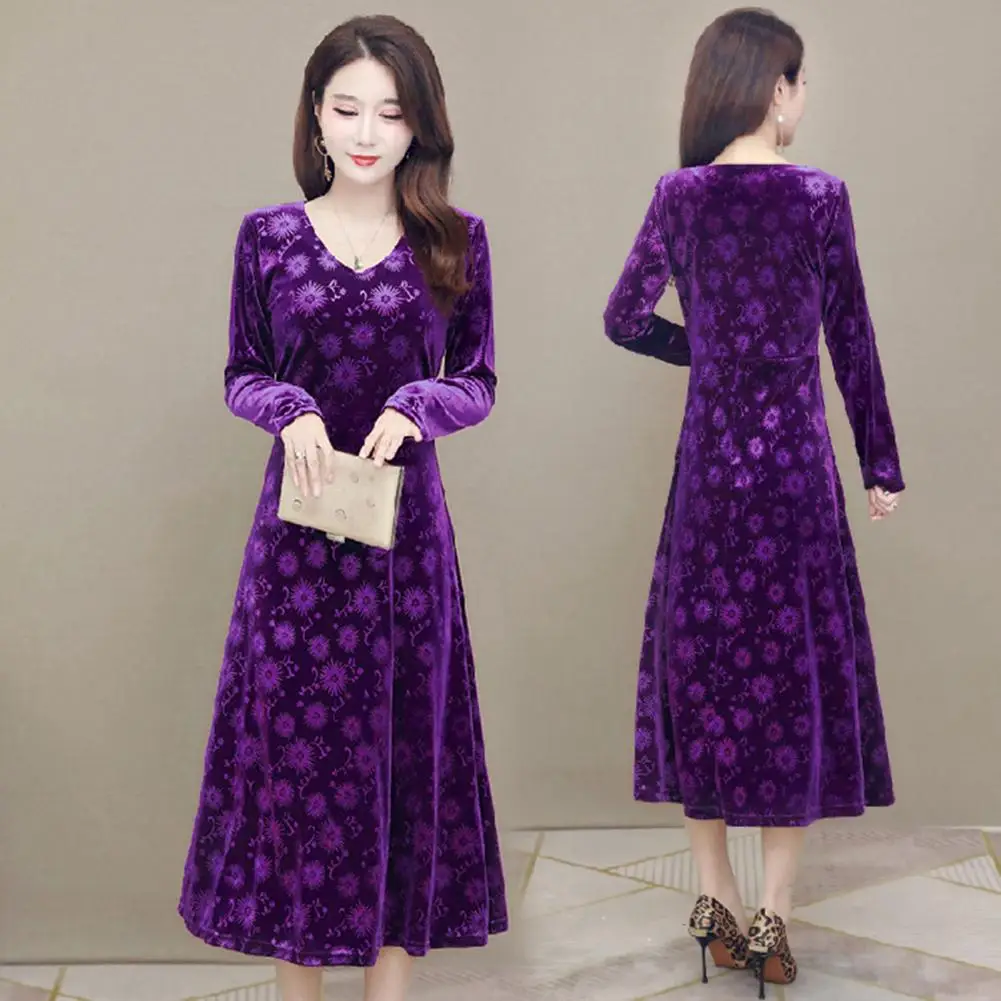 

Women Slim Fit Dress Vintage Printed Midi Dress A-line Slim Fit Long Sleeve V Neck for Fall Winter Fashion Slimming Effect Dress