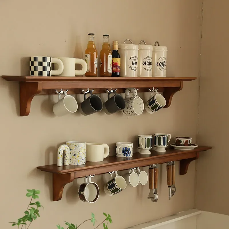 French Vintage Solid Wood Wall Shelf, Decorative Background Wall Organizer, Creative Floating Shelf with Wall Mounted Storage