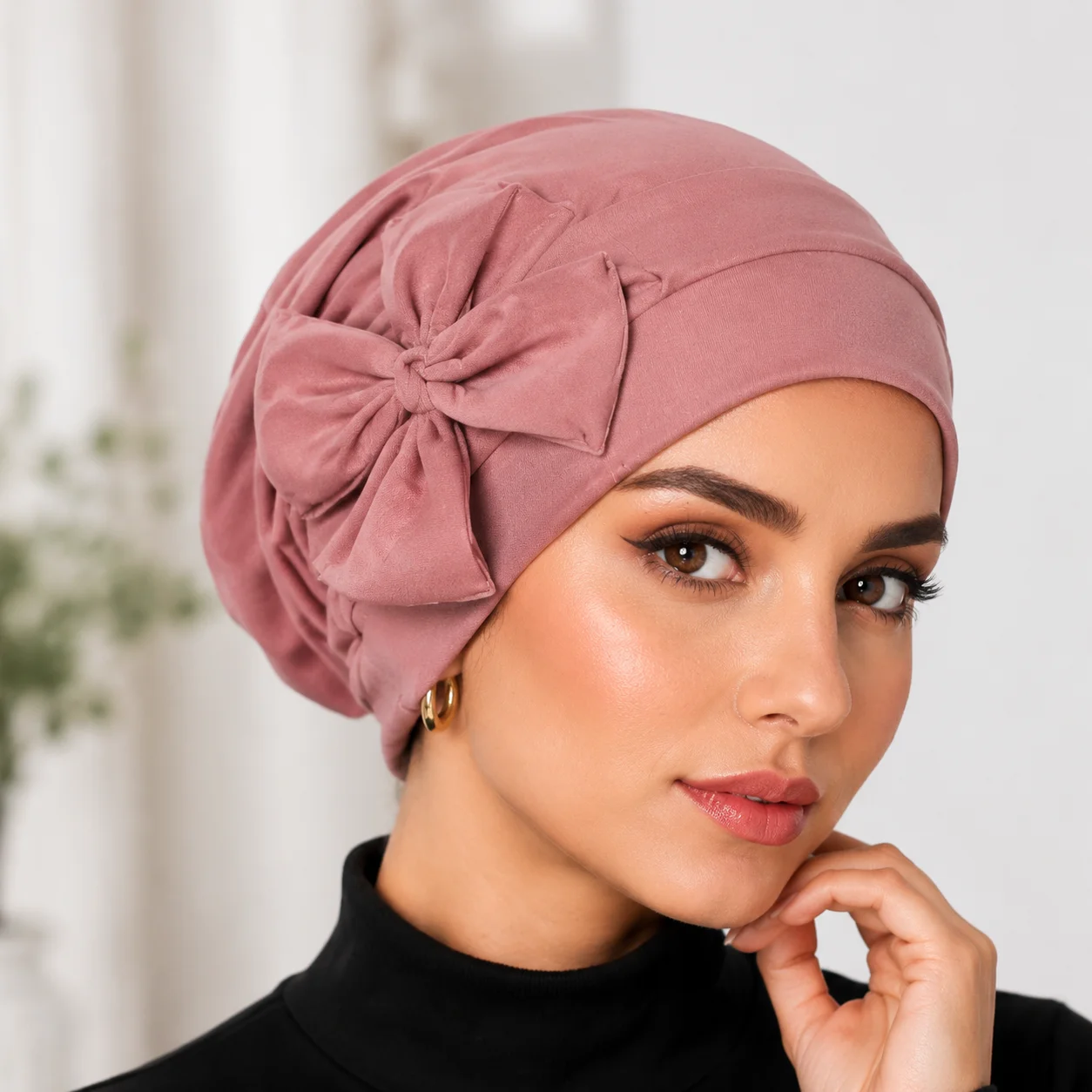 Solid Color Bow Turban Hat Soft Breathable Stretch Head Wrap Cap Muslim Women Daily Fashion Hijab Headwear Daily Wear Head Wrap