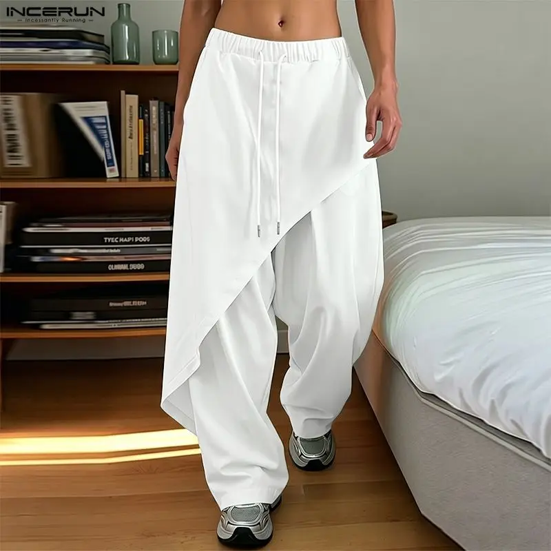 INCERUN Men's Pants Solid Color Joggers Drawstring Loose Casual Irregular Trousers For Man Streetwear Fashion Pantalones Pants