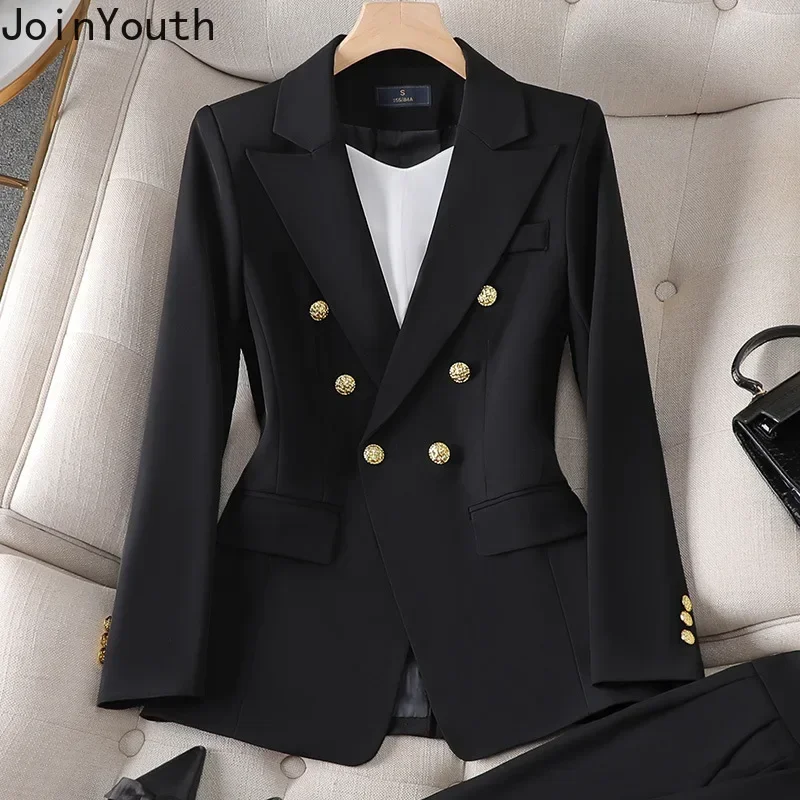 Elegant 2 Piece Set Women\'s Clothing Double-breasted Blazer Coat High Waist Straight Pants Suit Korean Femme Office Outfits