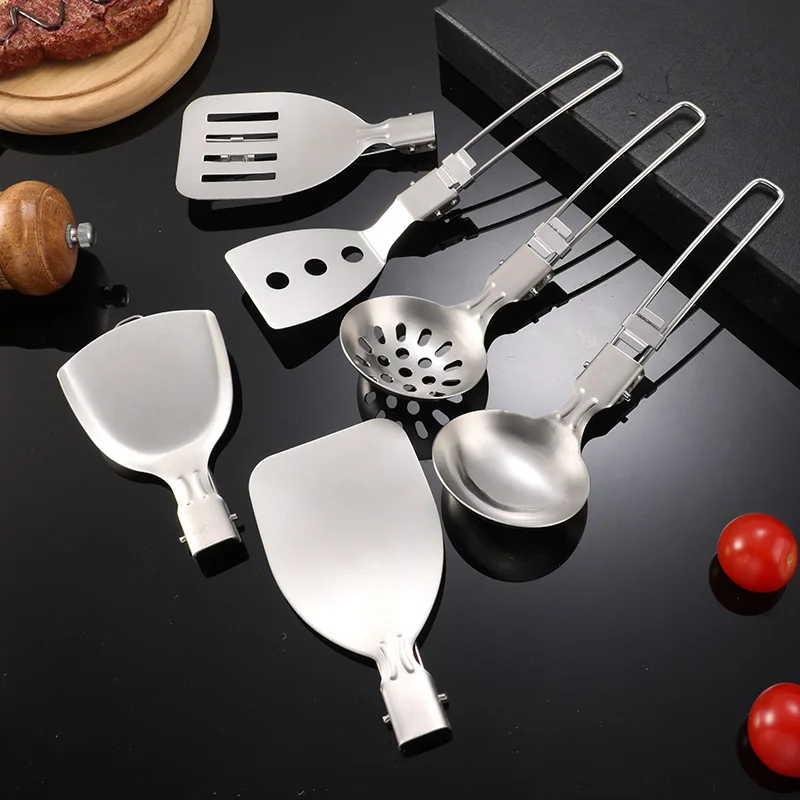 304 Stainless Steel Outdoor Camping Cookware Set, Foldable Frying Pan, Spoon, Soup Ladle, Colander, Portable Cooking Utensils